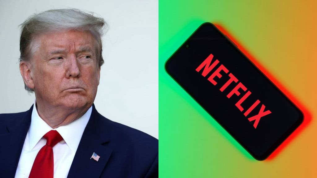 Montagem com fotos de Donald Trump e de celular com logomarca da Netflix na tela